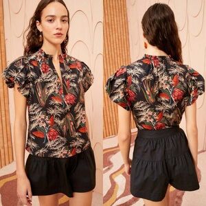 Ulla Johnson Klara Floral Puff-Sleeve Split-Neck Top